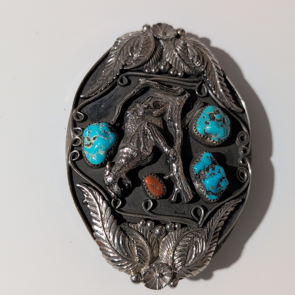 Vintage Large Spiny Coral Turquoise Nugget Western Belt Buckle Nickel Big Cat